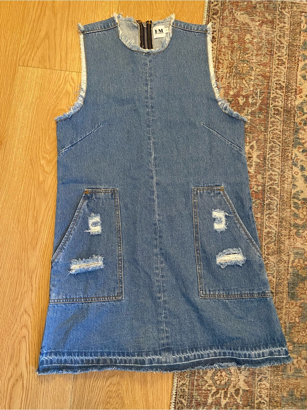 Hilary MacMillan Denim Shift Dress Frayed Distressed Pockets Size Small